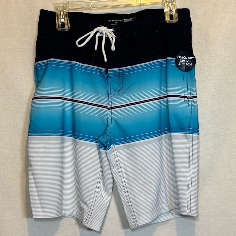 G-148 Men’s No‎ Boundaries NWT Blue & White Stripe Fixed Waist Swim Board Shorts